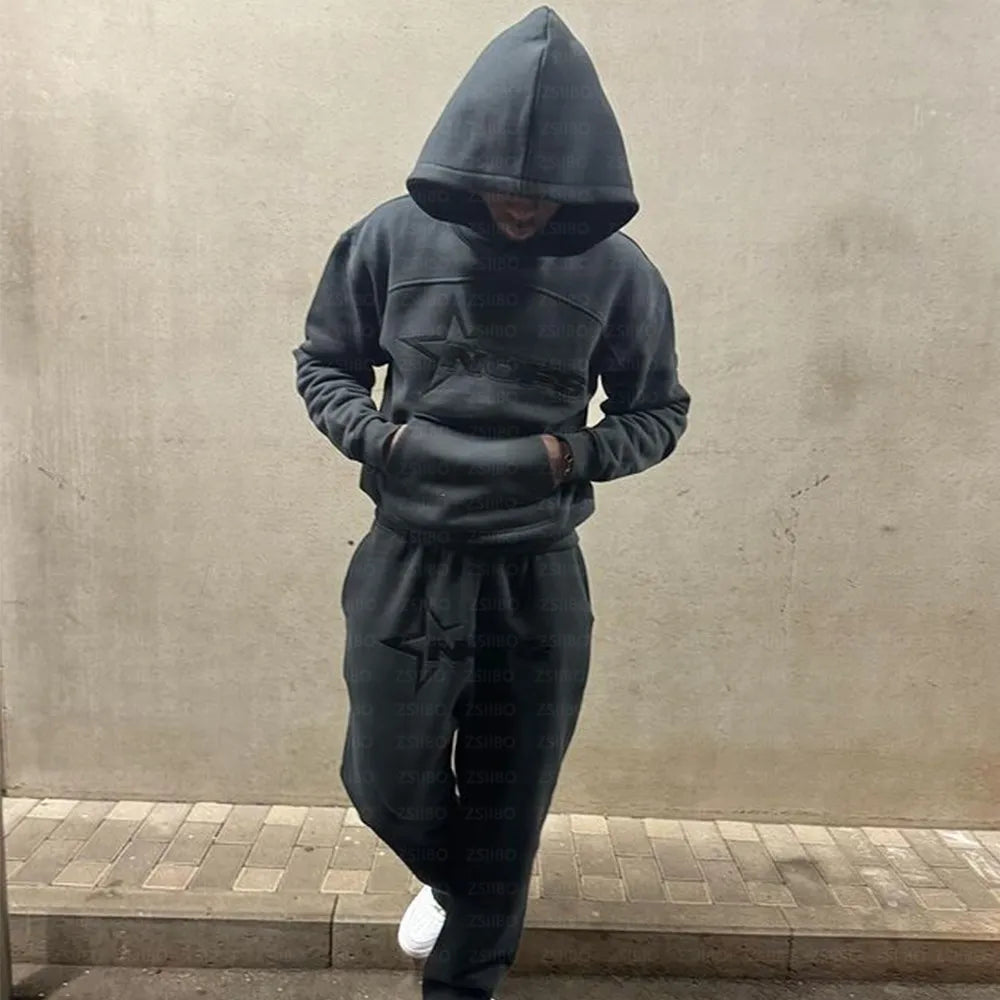 Harajuku Hoodies Men Y2K Hip Hop Letter Graphic Print Hooded Sweatshirt Punk Rock Oversized Pullovers Baggy Sweatpants Suits